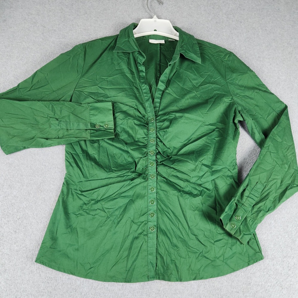 New York & Company Blouse Womens Large Green Cotton Pleated Stretch Button Front
